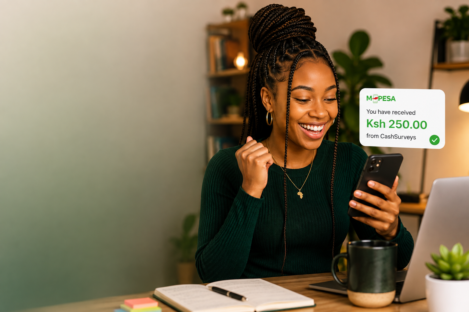 Woman using CashSurveys on her phone to earn to M-Pesa